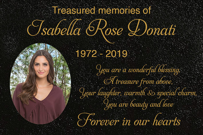 Bronze memorial plaque for Isabella – custom engraved tribute with photo and personalized inscription for gravesite remembrance