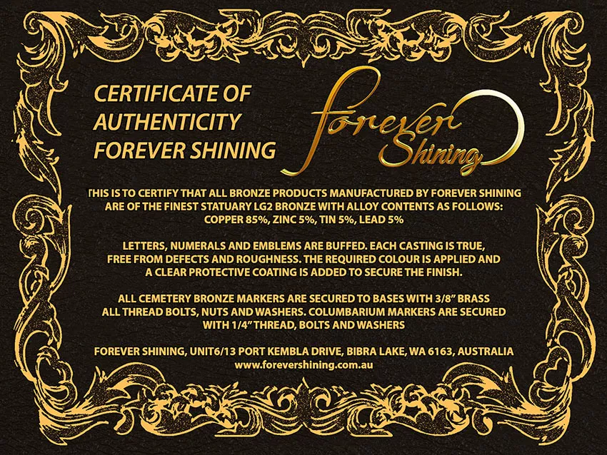 Certificate of authenticity for custom bronze plaque, verifying genuine materials, craftsmanship, and origin from Bronze-Plaque.com.