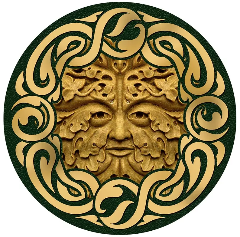 Decorative outdoor bronze plaque depicting the Green Man with detailed leaf motifs, perfect for garden walls.