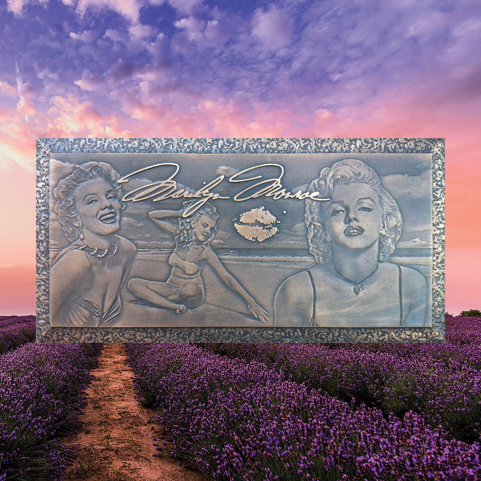 Bronze commemorative plaque honoring Marilyn Monroe, featuring engraved portrait, name, and life dates—ideal for celebrity memorials and historic tributes.
