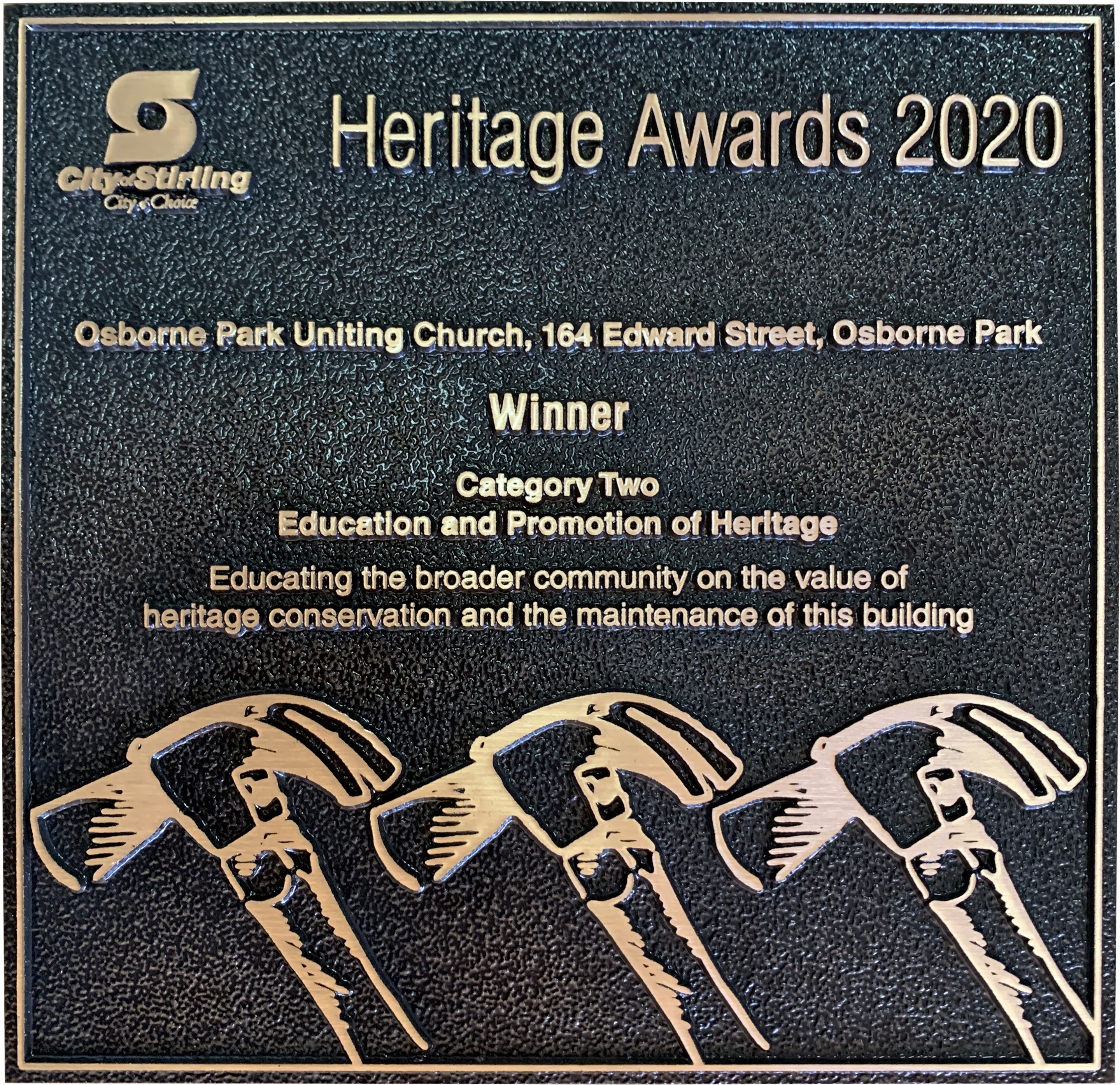Heritage Awards plaque with elegant engraved design and formal typography – ideal for recognizing historical preservation, architectural excellence, or cultural heritage achievements.