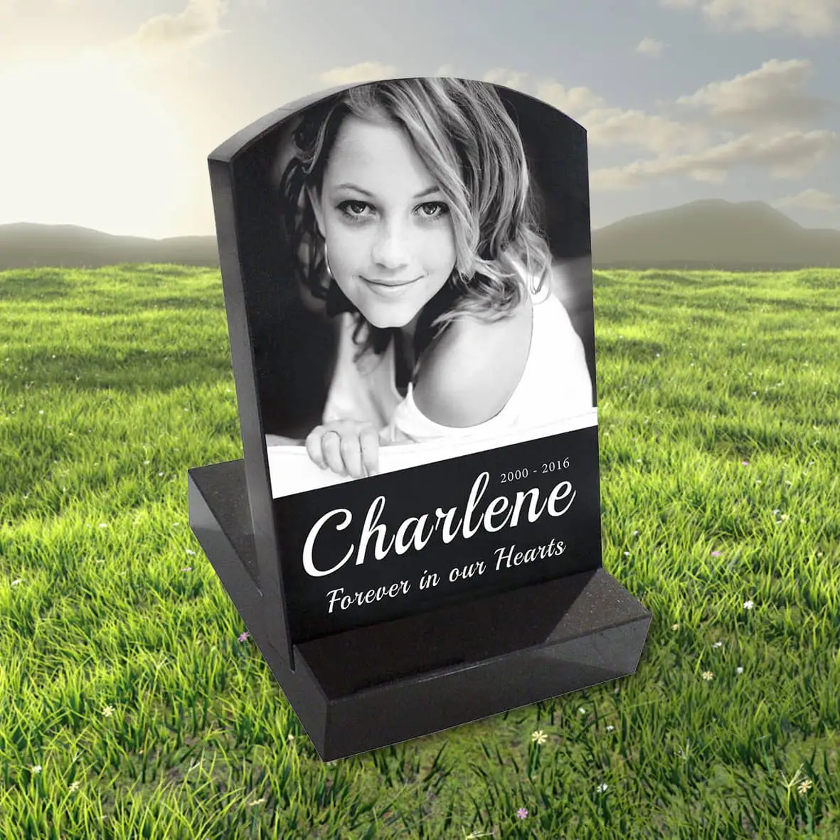 Laser-etched black granite mini headstone with engraved portrait, name, and tribute message—crafted for lasting memorial use in cemeteries, gardens, or columbariums.