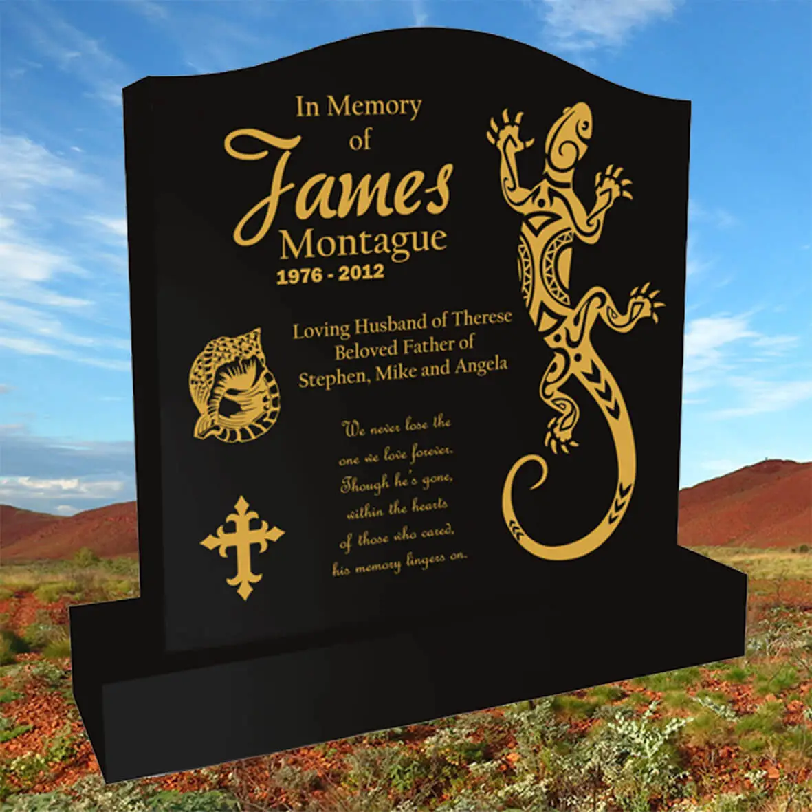 Traditional engraved headstone with base, featuring classic serif lettering and polished stone finish—ideal for cemetery memorials and lasting tributes.