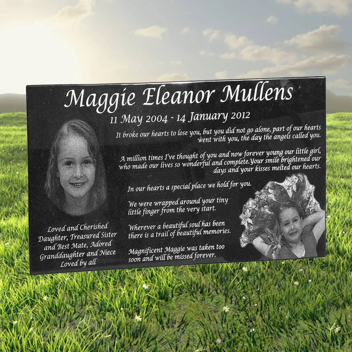 Laser-etched black granite plaque with engraved portrait, name, and dedication text—crafted for memorial installations on walls, stones, or outdoor settings.