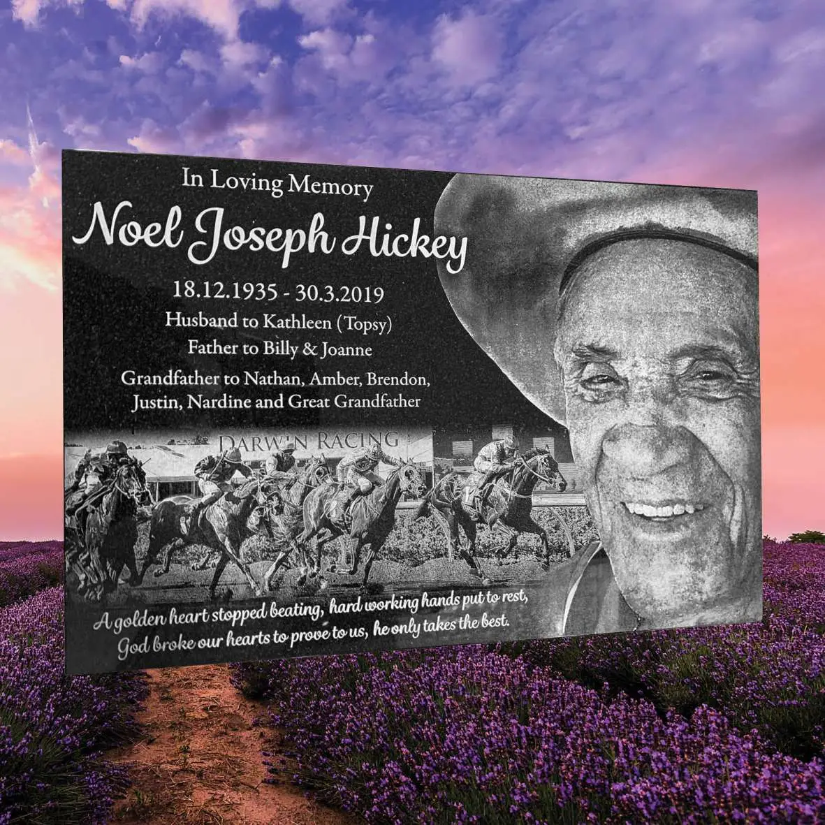 Laser-etched black granite plaque with engraved portrait and custom inscription, designed for memorial walls, garden tributes, or commemorative displays.
