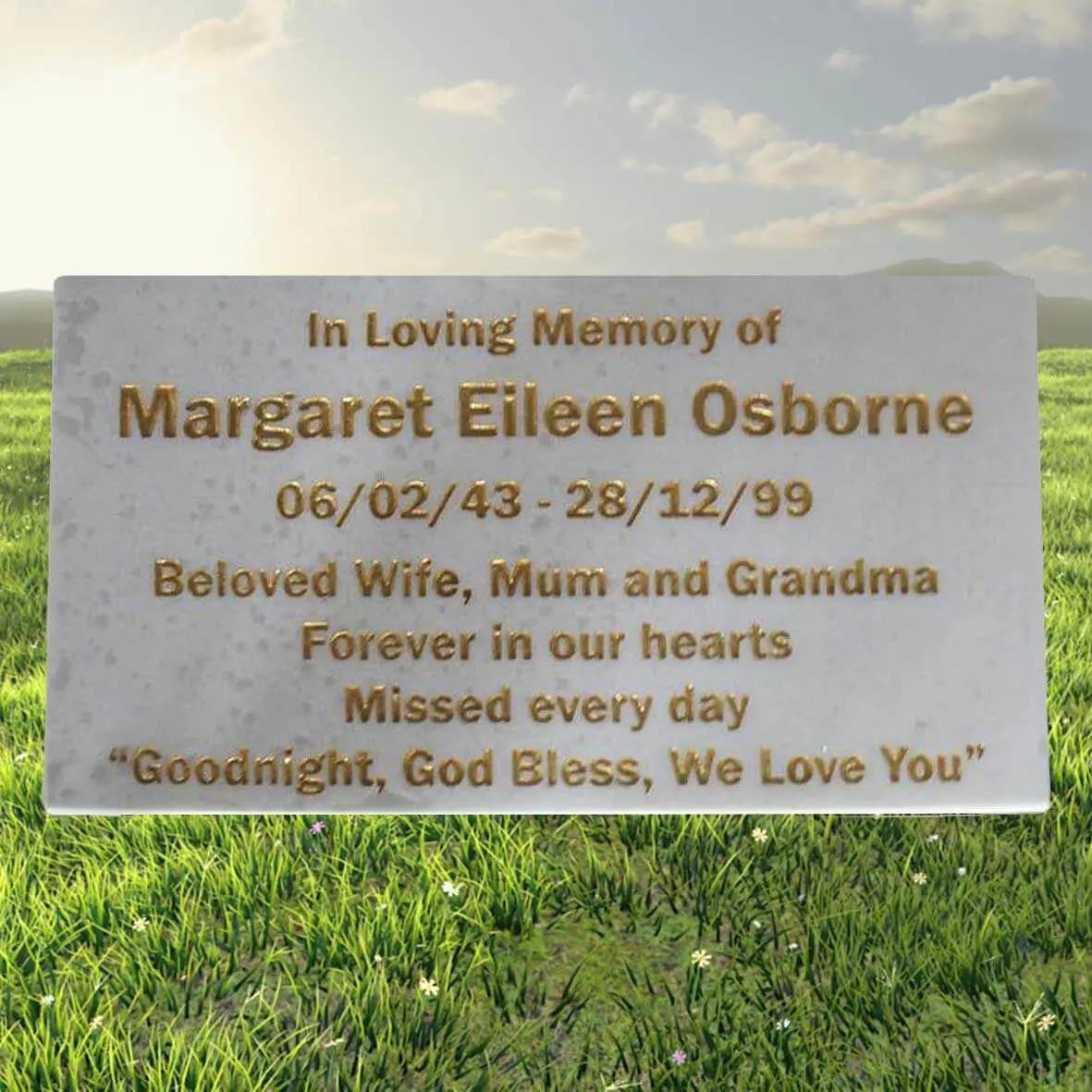 Traditional engraved plaque with classic serif lettering on a polished surface, ideal for memorials, dedications, and cemetery installations.