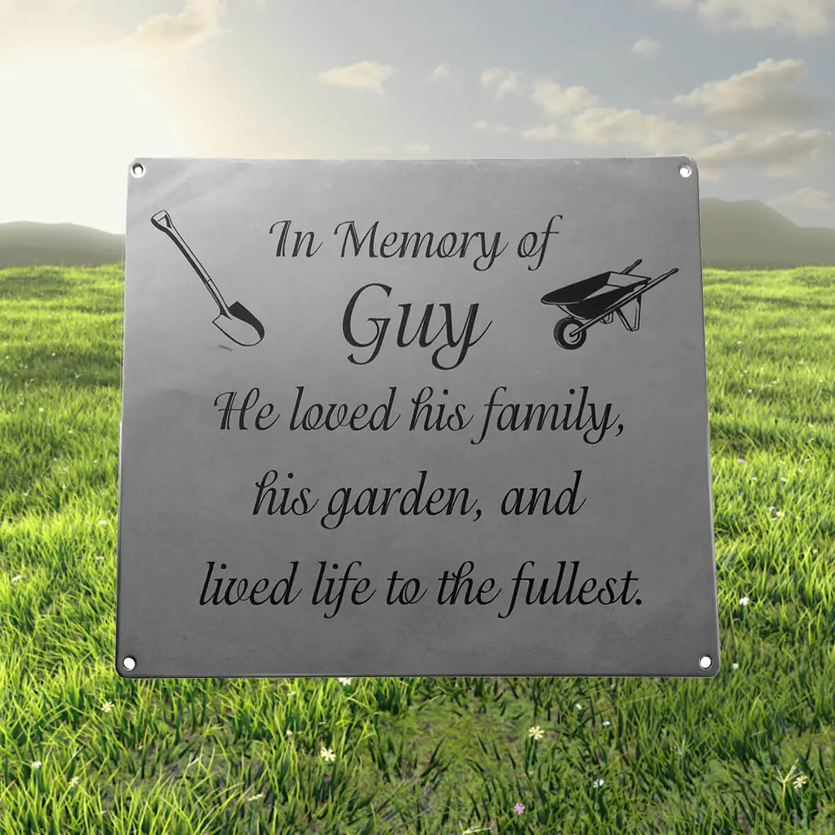 YAG-lasered stainless steel plaque featuring precision-etched text and imagery, offering a sleek, durable, and modern option for signage or memorial use.