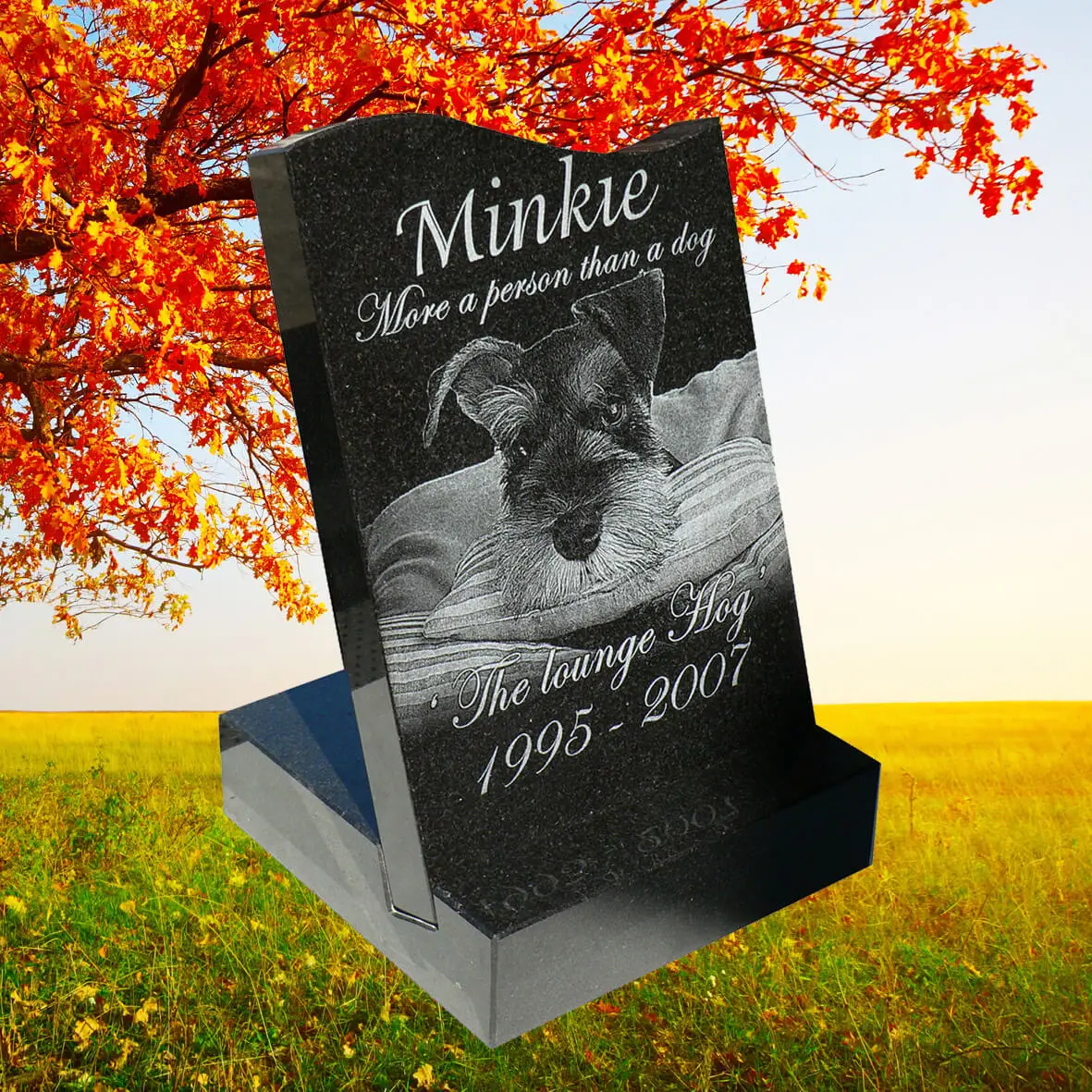 Laser-etched black granite mini pet headstone with engraved photo, name, and tribute text—crafted for durable outdoor placement in gardens or pet cemeteries.