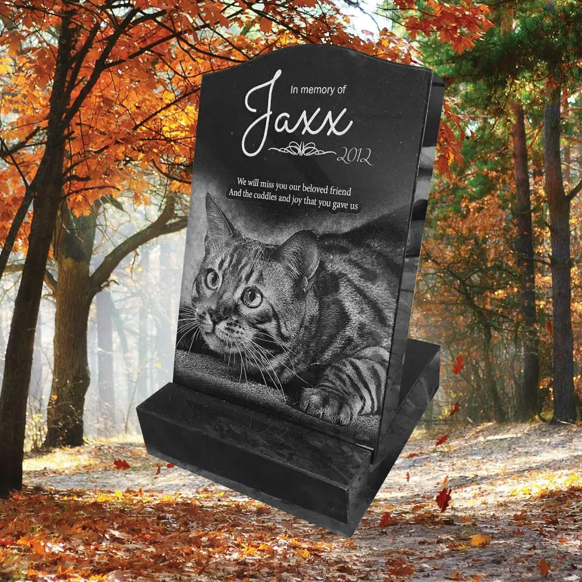 Laser-etched black granite mini pet headstone with engraved photo, name, and tribute text—crafted for durable outdoor placement in gardens or pet cemeteries.