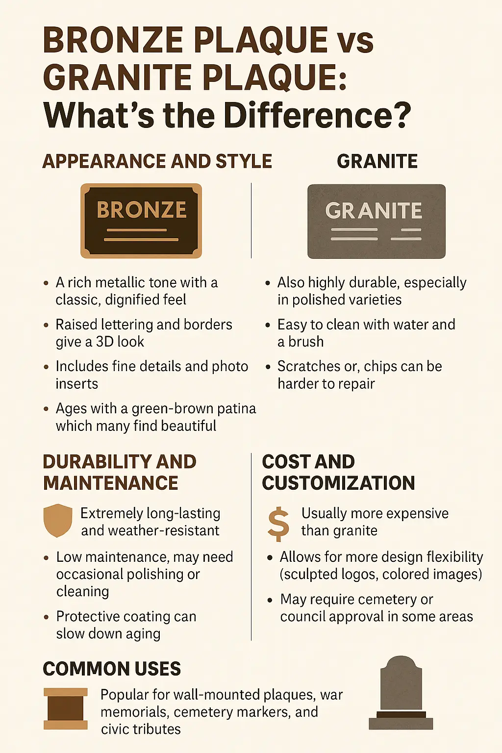 Comparison image titled “Bronze Plaque vs. Granite Plaque – What’s the Difference,” highlighting visual, material, and durability contrasts for memorial use.