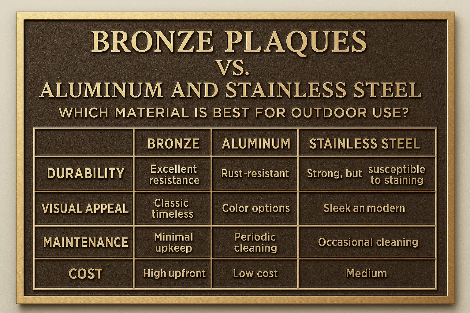 Bronze plaques vs. aluminum and stainless steel – side-by-side comparison of durability, visual appeal, maintenance, and cost for outdoor use.