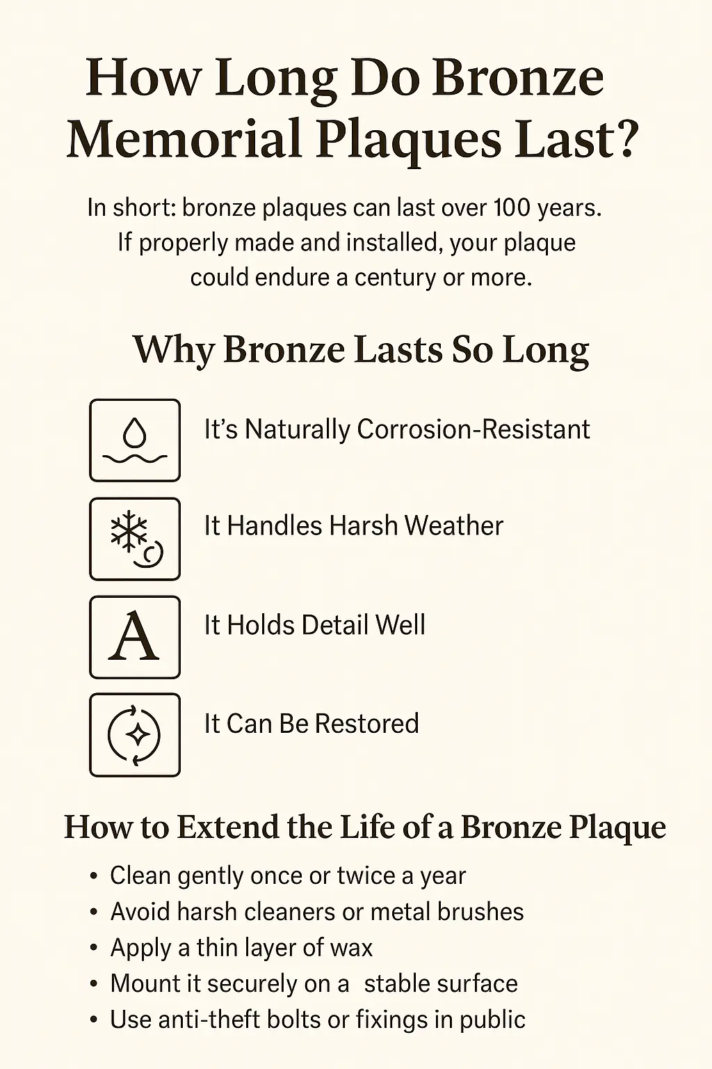 Visual guide titled “How Long Do Bronze Memorial Plaques Last,” highlighting the durability and long-term performance of bronze in outdoor environments.