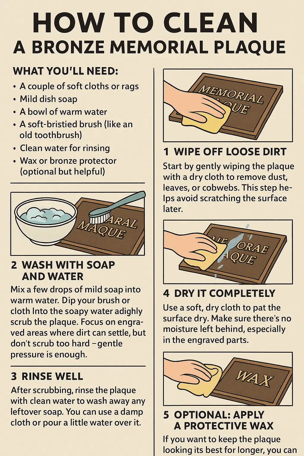 Guide titled “How to Clean a Bronze Memorial Plaque,” featuring step-by-step instructions and recommended tools for safely maintaining plaque appearance over time.