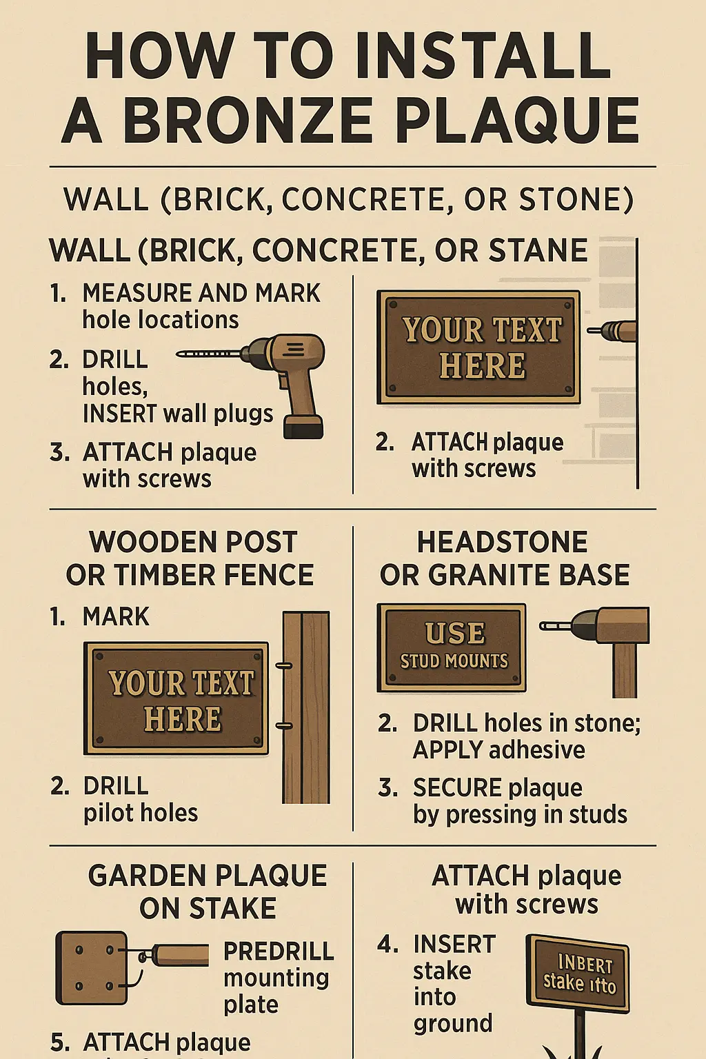 Step-by-step guide on how to install a bronze plaque on walls, headstones, and garden surfaces, with visual instructions and installation tools.
