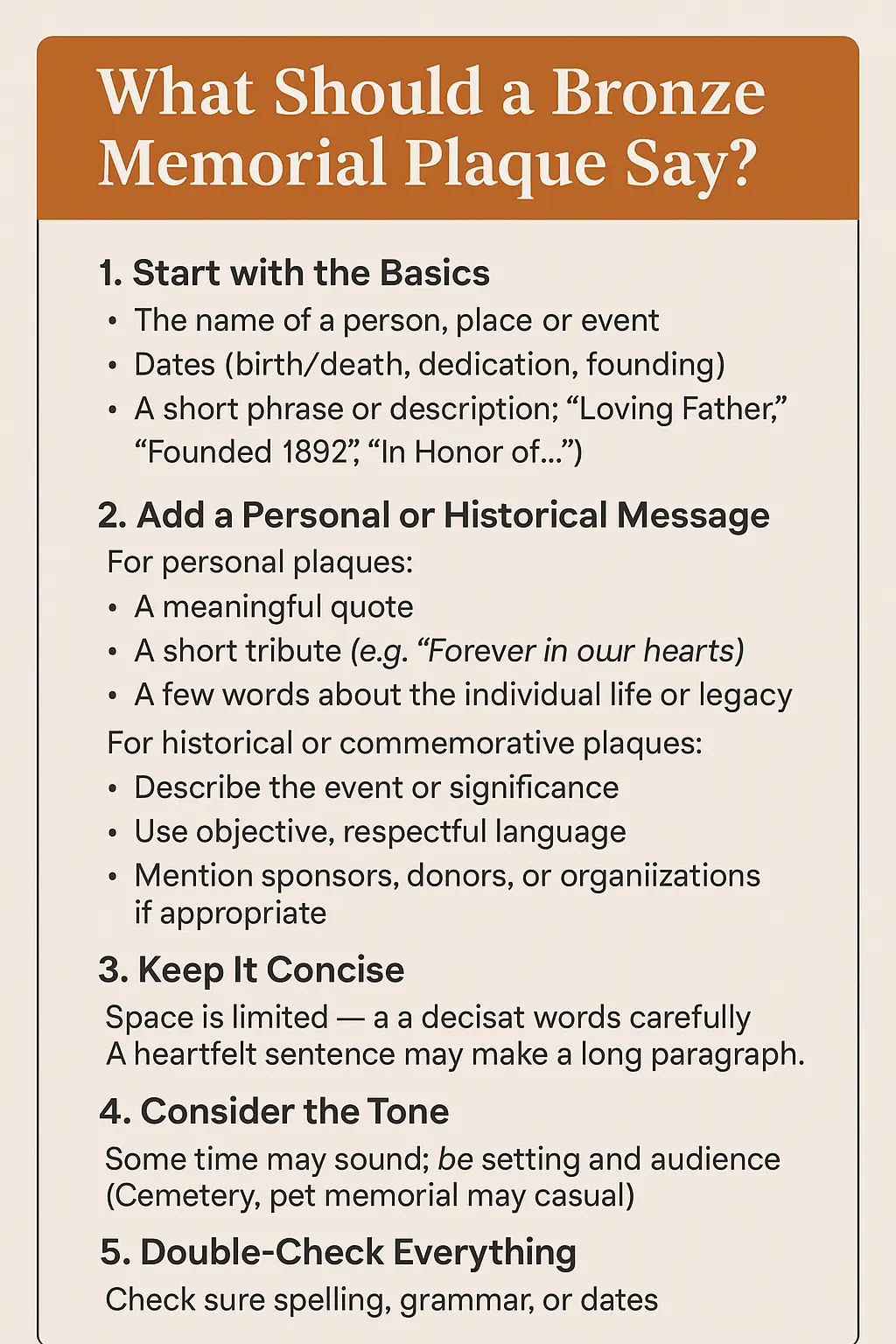 Guide titled “What Should a Bronze Memorial Plaque Say,” offering examples of meaningful messages, names, and dates for custom memorial inscriptions.