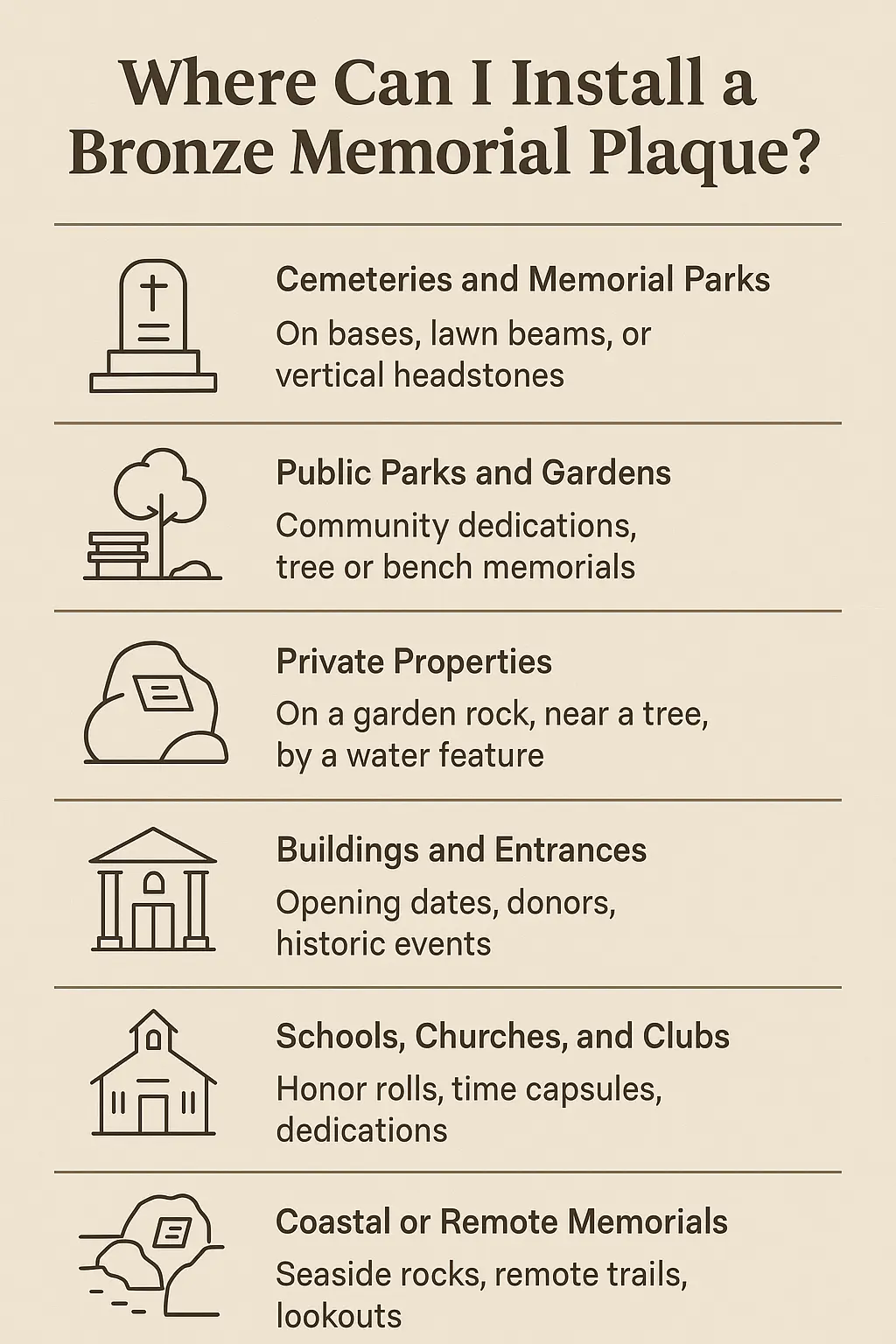 Illustration titled “Where Can I Install a Bronze Memorial Plaque,” showing common installation locations such as walls, headstones, garden rocks, and public spaces.